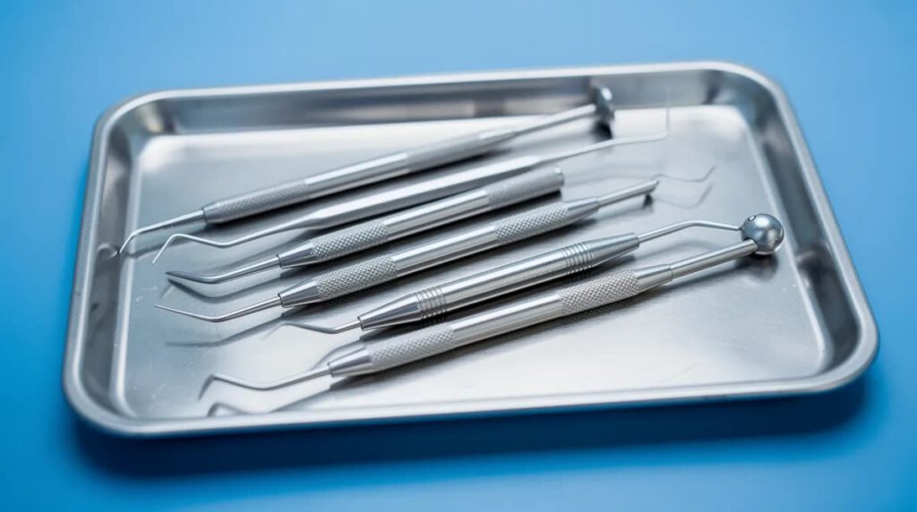 La imagen muestra un conjunto de instrumentos dentales modernos organizados en una bandeja de acero inoxidable, sobre un fondo azul clínico. Estos instrumentos son esenciales para el cuidado de la salud de las encías y el tratamiento de la inflamación de las encías, ayudando a prevenir enfermedades periodontales.
