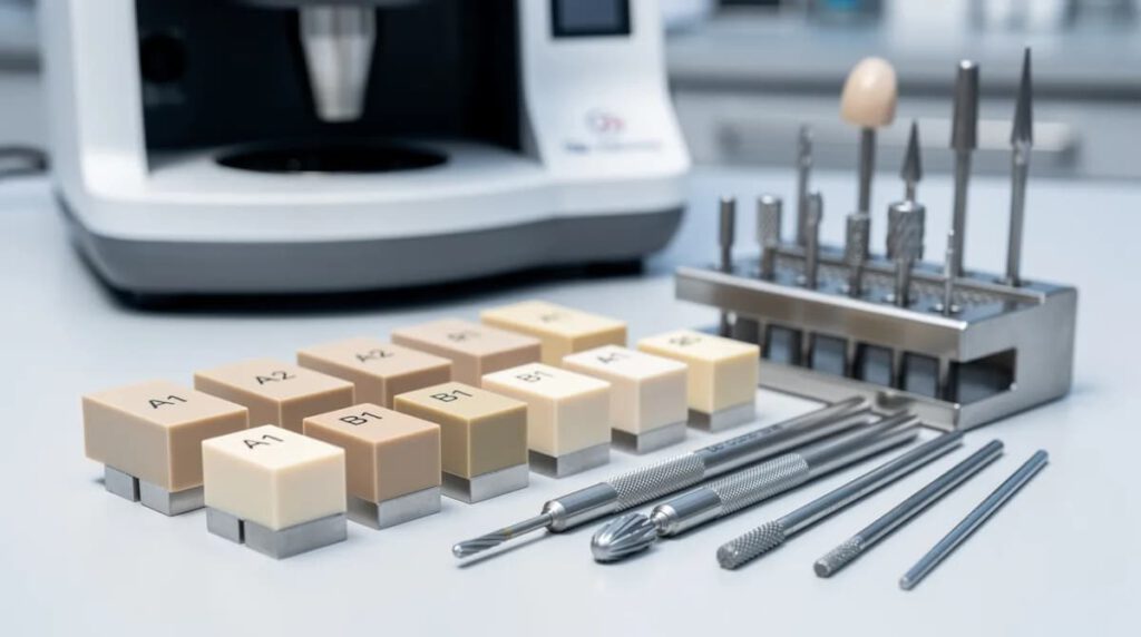 La imagen muestra bloques de cerámica dental y zirconio dispuestos sobre una mesa de laboratorio protésico, junto a instrumental de fresado utilizado para la fabricación de coronas y prótesis dentales. Estos materiales son esenciales en el tratamiento de pacientes para restaurar la funcionalidad y estética de los dientes.
