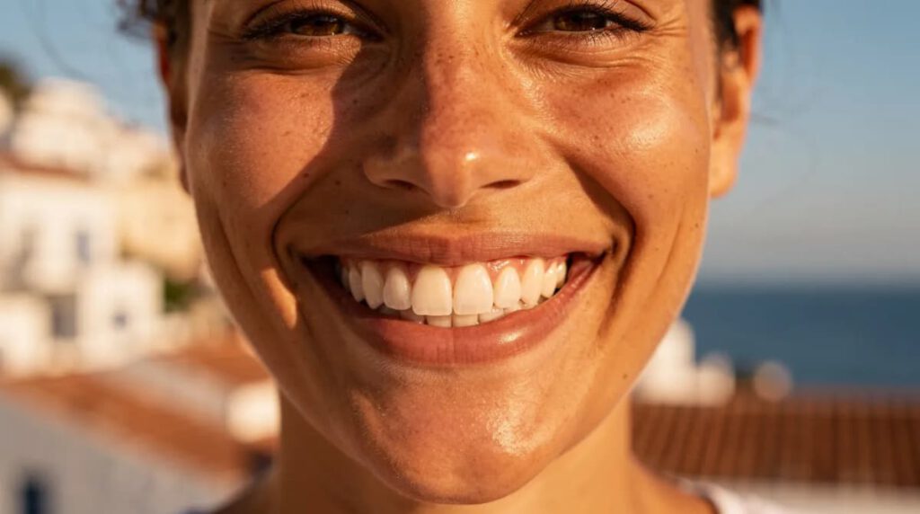 Una persona sonríe ampliamente, mostrando dientes blancos y sanos en un entorno soleado mediterráneo, lo que resalta la estética de su sonrisa. Su dentadura refleja la salud dental, posiblemente lograda a través de tratamientos como coronas de porcelana o zirconio.