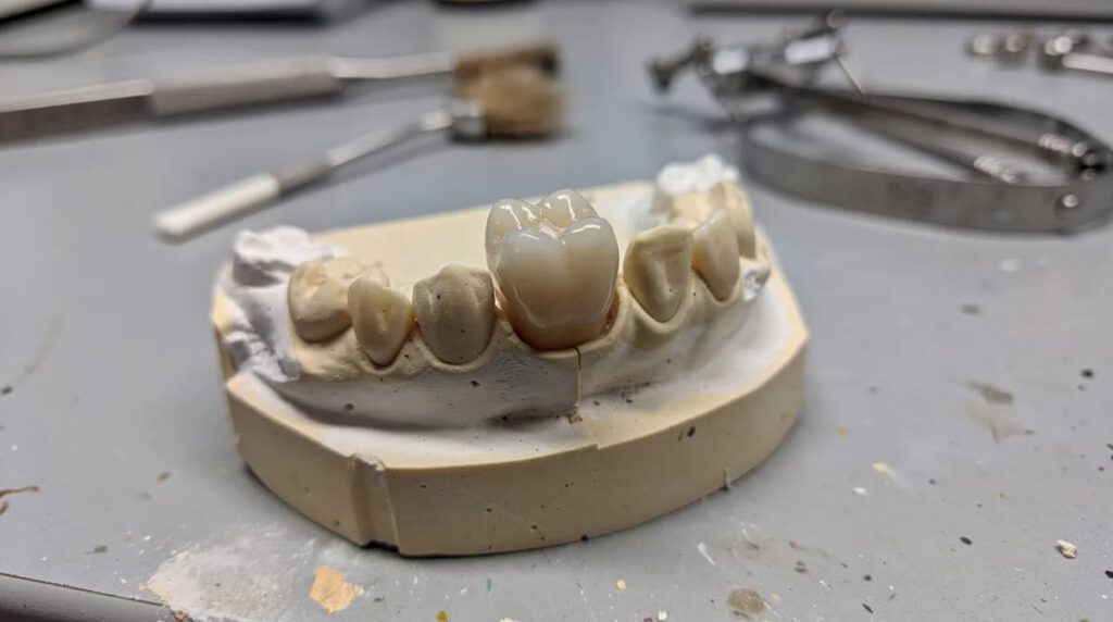 Imagen de un modelo dental que muestra una corona cerámica colocada sobre un molar preparado, con un enfoque detallado en la mesa de trabajo del laboratorio. La corona de porcelana resalta por su estética, ofreciendo una solución funcional y duradera para restauraciones dentales.