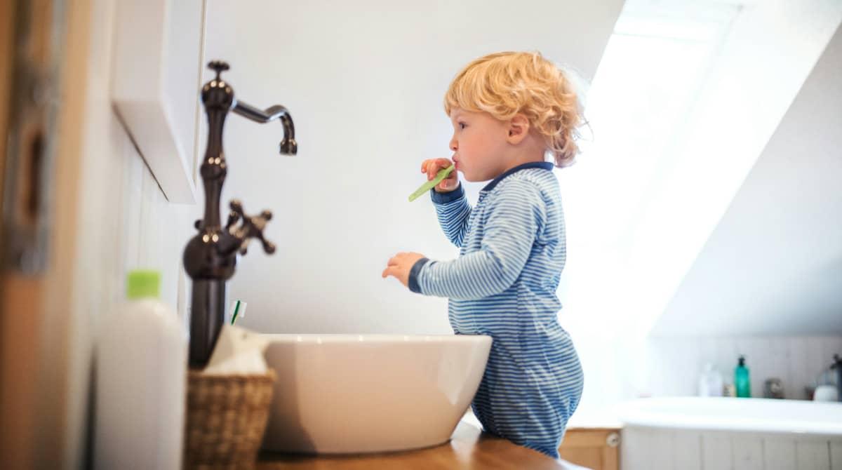 The picture shows a child with good dental hygiene habits