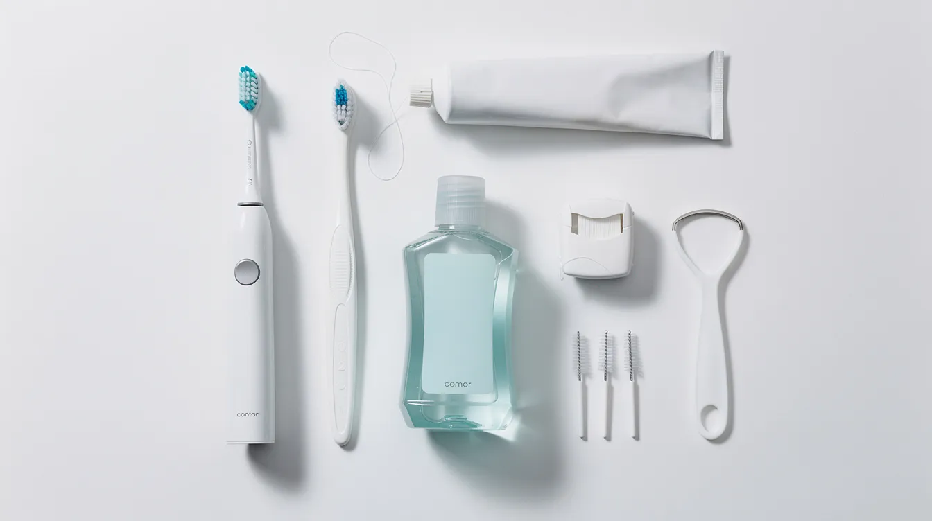 An image showing a range of dental hygiene products, including toothbrushes, mouthwashes and oral rinses, neatly arranged on a white surface. These products are essential for maintaining good oral hygiene and preventing problems such as bacterial plaque and bad breath.