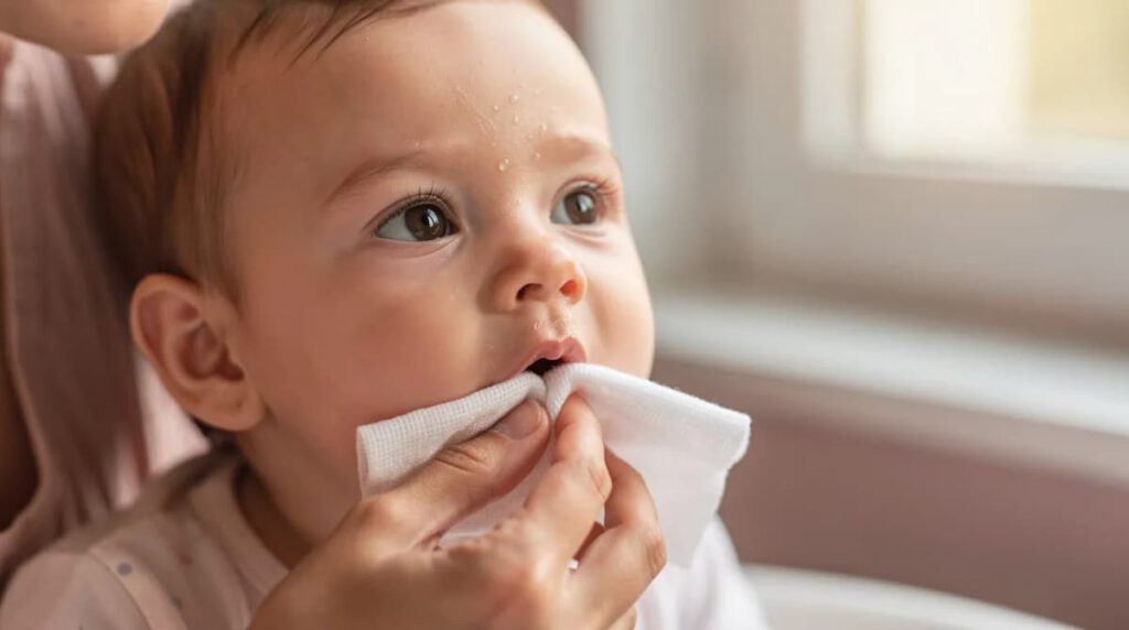 Una madre está limpiando suavemente la boca de su bebé con una gasa húmeda, cuidando la higiene bucodental durante el proceso de dentición. Esta acción es importante para aliviar el dolor y la inflamación de las encías en bebés que están experimentando la aparición de sus primeros dientes.