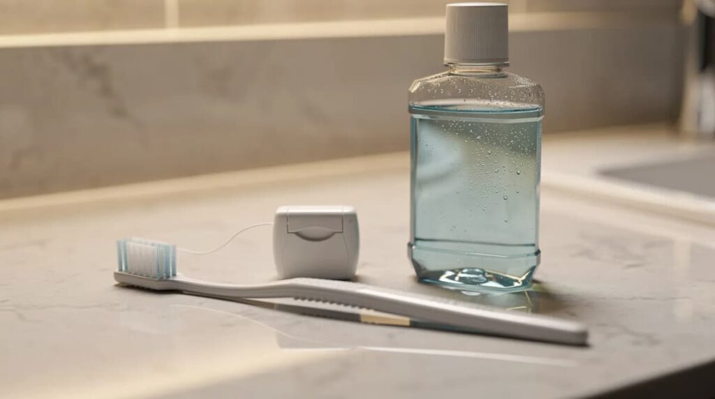 Un cepillo de dientes, hilo dental y enjuague bucal están dispuestos sobre una encimera de baño iluminada, simbolizando la importancia de la higiene bucal para prevenir problemas como la enfermedad de las encías y la acumulación de placa bacteriana. Estos elementos son esenciales para mantener la salud bucodental y evitar complicaciones como la gingivitis y la periodontitis.