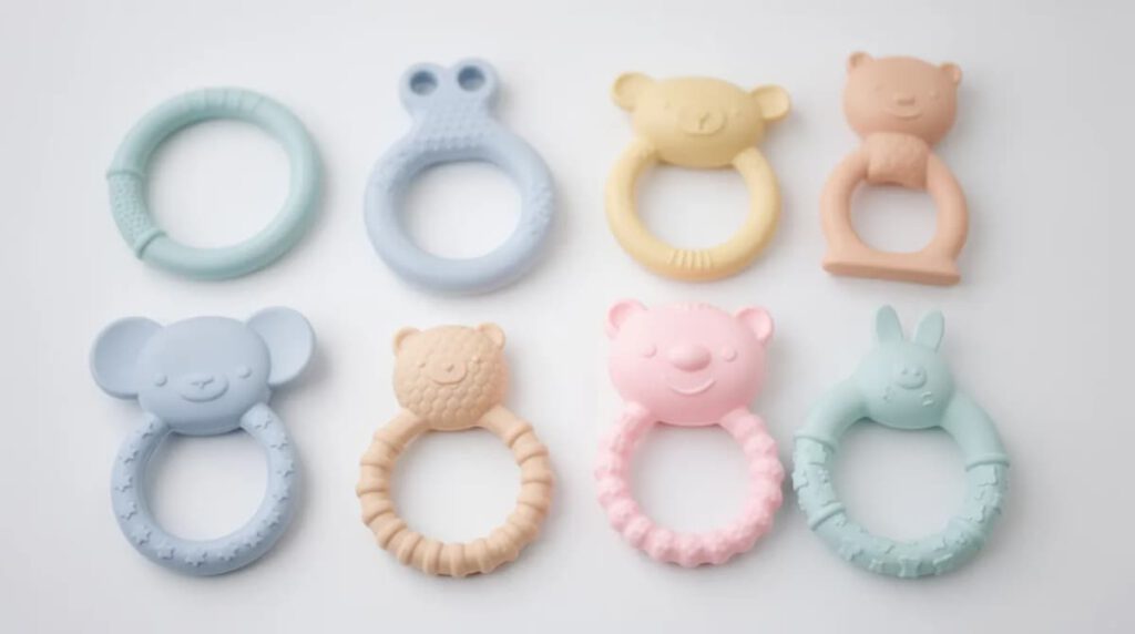 Un conjunto de mordedores de colores variados para bebés se encuentra sobre una superficie blanca limpia, ideales para aliviar el dolor y malestar en las encías durante el proceso de dentición. Estos juguetes ayudan a los pequeños a manejar la inflamación de las encías y son esenciales para el cuidado de su higiene bucodental.